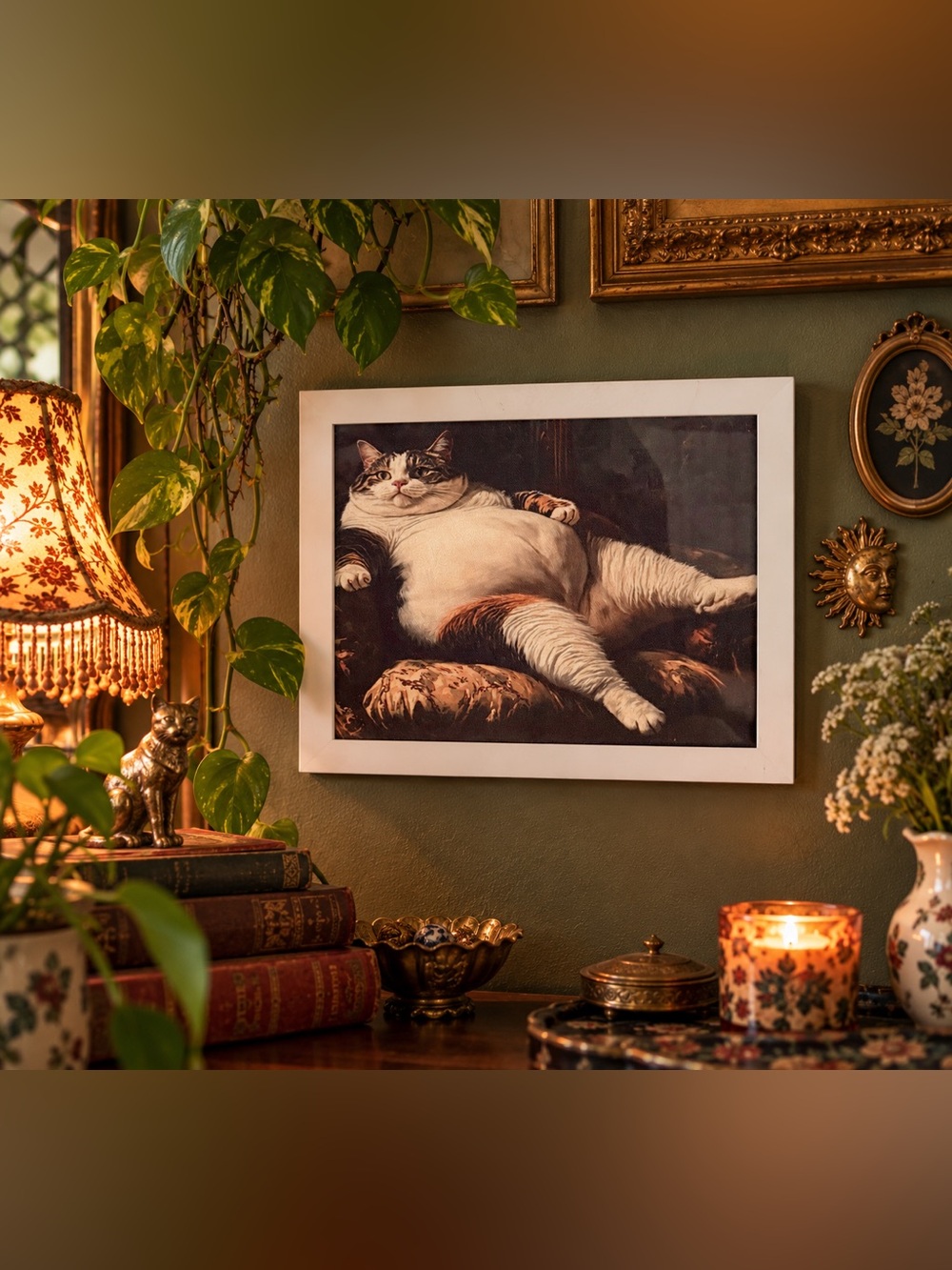 Fat Cat on Couch Quirky Canvas Art Print White Framed Weird Wall Hanging Art